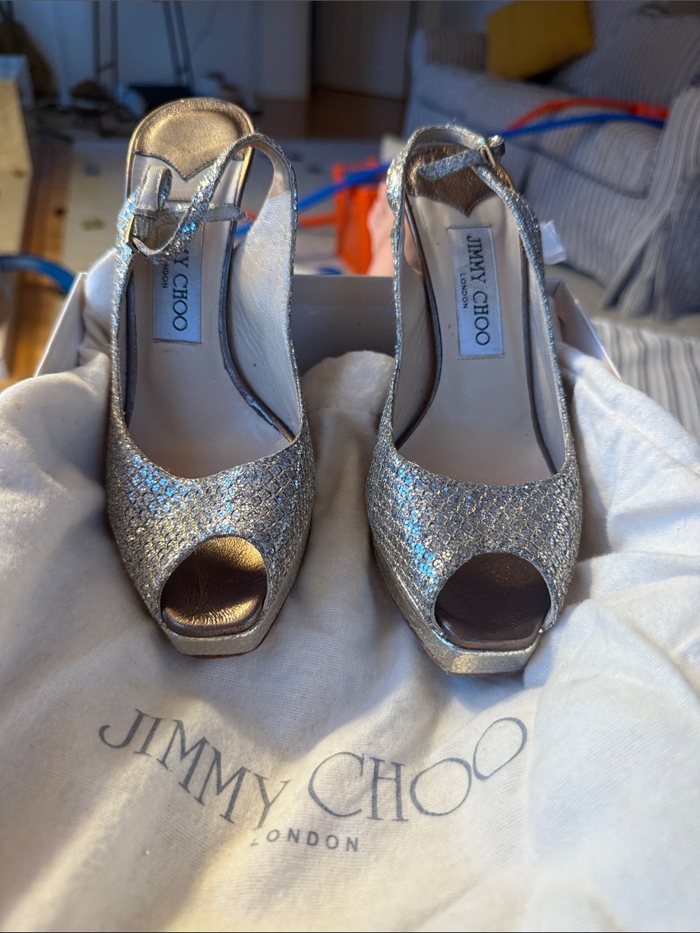 Jimmy Choo Women's Silver Glitter Peep-Toe Slingback Heels